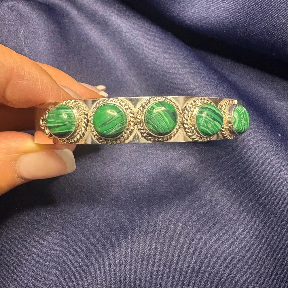 Bracelet Silver-tone Genuine Malachite Gemstone Cuff, Adjustable
